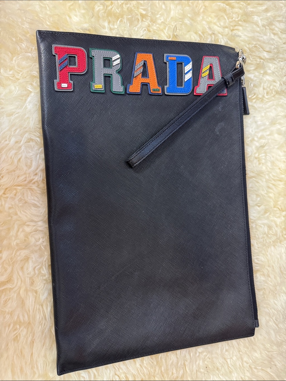 Prada Black Saffiano Leather Wrist Pouch with Multicolor Letter Appliqué
